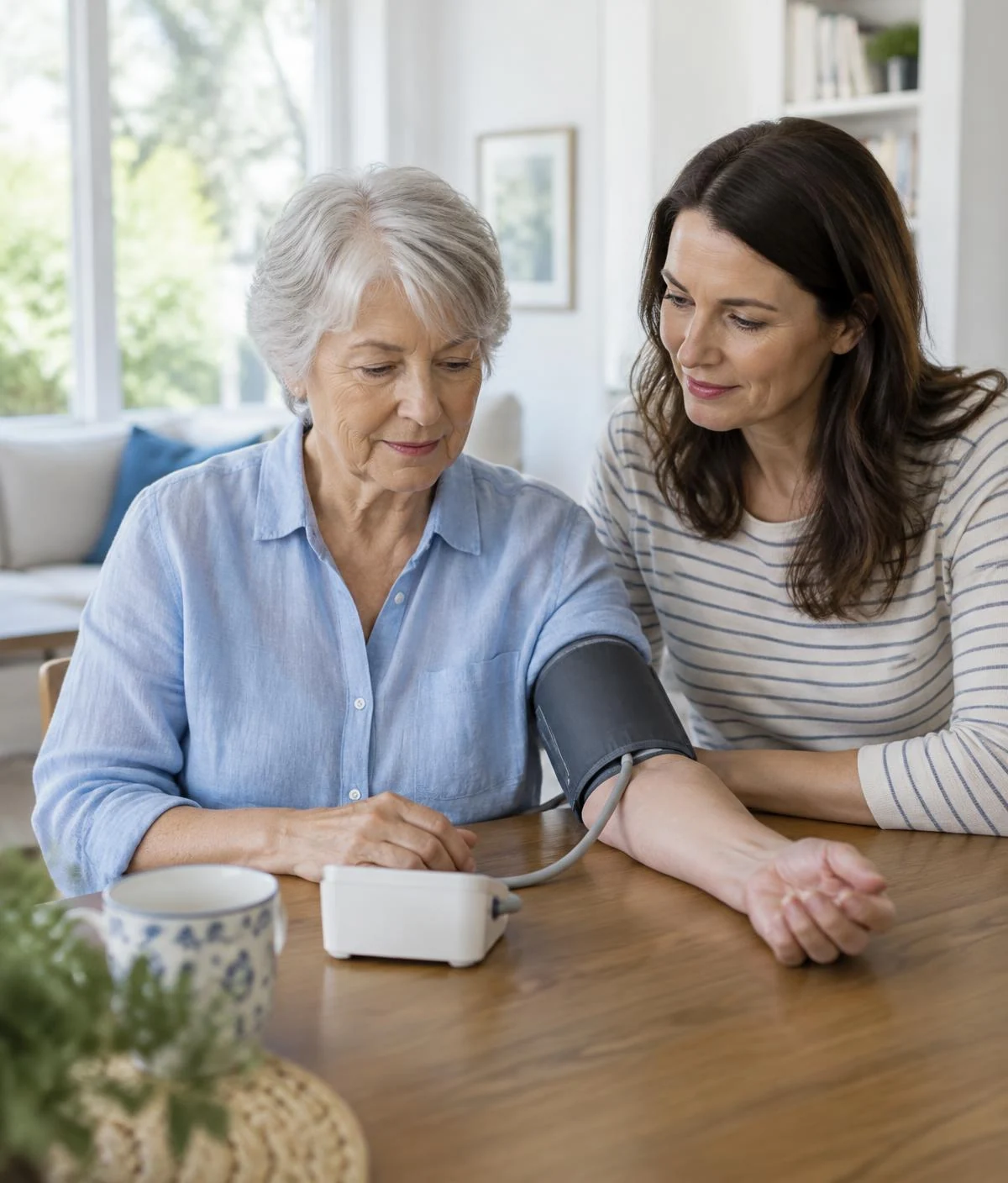 Illustrative older adult measuring blood pressure with support from her daughter